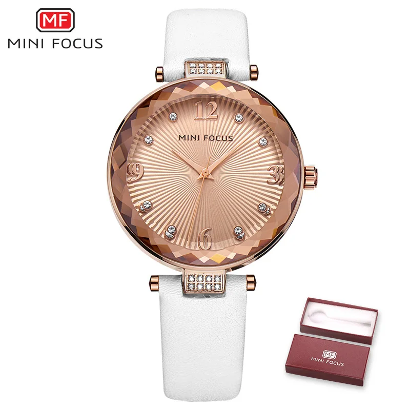 Роскошные женские часы от топ бренда MINI FOCUS, кварцевые часы, стразы, розовый циферблат, ремешок из натуральной кожи, элегантные женские наручные часы