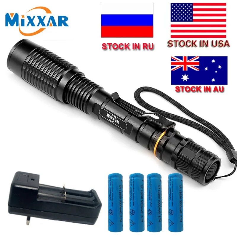 ZK20 mixxar V5 T6 8000Lumens LED Flashlight 5-Modes Adjustable Torch light suitable two 5000mAh batteries Telescopic Lamp