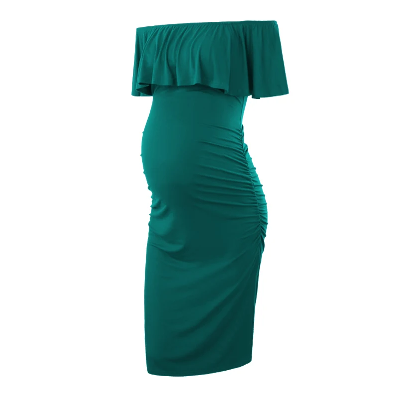Платье для беременных с рюшами, зеленое, с открытыми плечами, элегантное платье для беременных, облегающее платье, женская одежда, фотография, Vestido