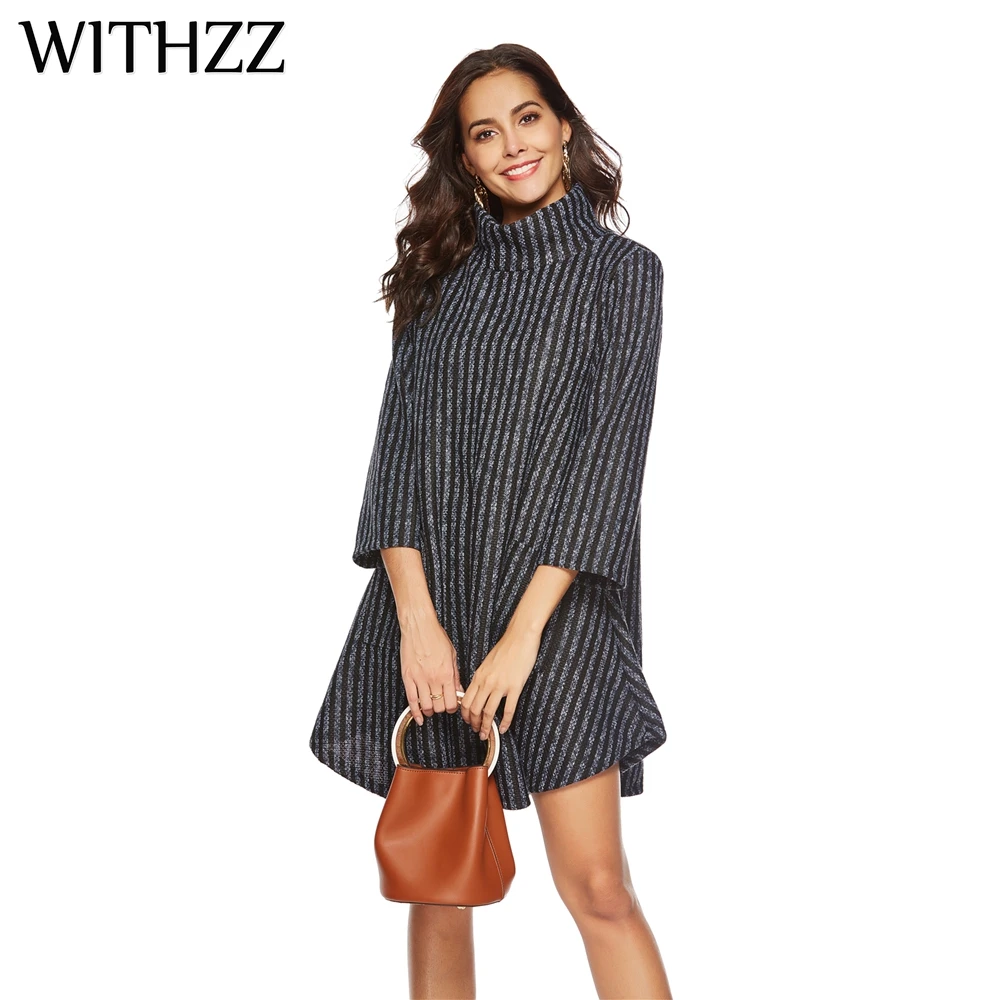 

WITHZZ Plus Size Long Thick Woolen Pocket Striped Dress for Women Christmas Winter Party Dresses Clothes The Dress Is Warm
