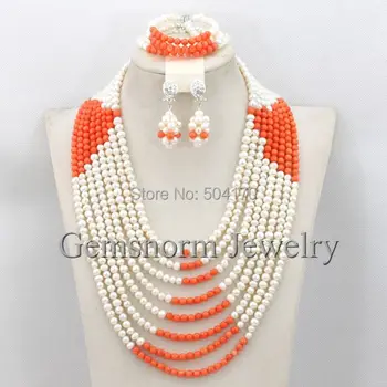 

Fantastic Freshwater Pearl Bridal Necklace Set Handmade Layers Pearl/Coral Beads Wedding Jewelry Set 2017 New FP079