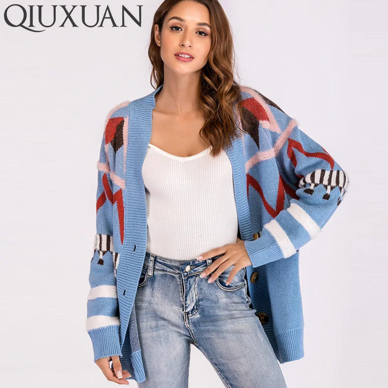 Front Blue Button Loose Fuzzy Long Cardigan Knit Geometric Fashion With Pattern Women Detail Tops Raglan Sleeve Qiuxuan Sweater qUvTF