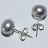 8-9mm Silver Gray Cultured Natural Button Freshwater Pearl 925 Sterling Silver Stud Earring 1