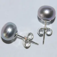 8-9mm Silver Gray Cultured Natural Button Freshwater Pearl 925 Sterling Silver Stud Earring 1