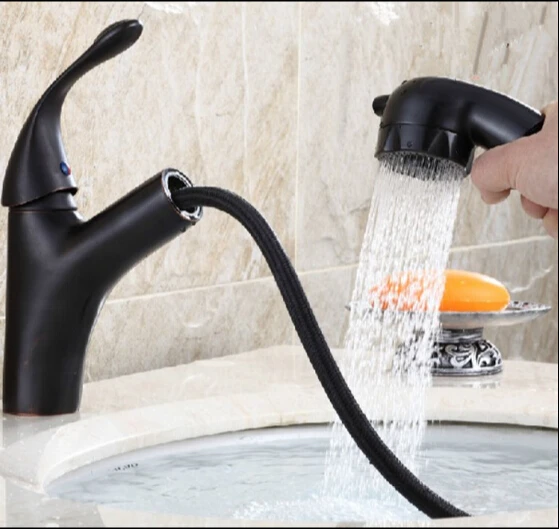 

Antique Copper Basin sink Faucet Pull Out spray spout Hot & Cold Water Tap Black Oil Brushed bathroom basin mixer