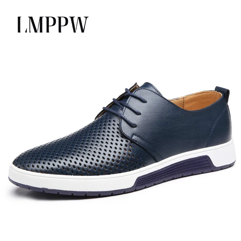 

New 2018 Summer Hollow Out Men's Shoes Leather Casual Shoes Breathable Luxury Brand Flat Shoes for Men Big Size Loafers 8