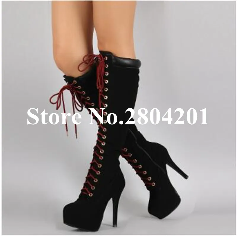 

Mujer Botas High Platform Knee High Boots Lace Up Women Boots Round Toe High Heels Cross-tied Black Thin Heels Shoes Women