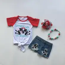 Летняя одежда для маленьких девочек; джинсовые шорты; одежда с коровой; Изысканные джинсовые наряды для девочек с бантом и ожерельем