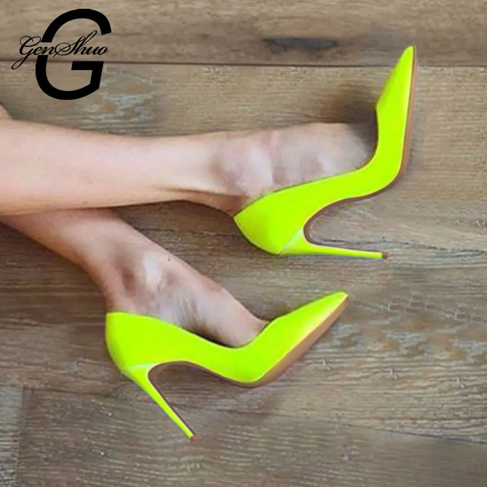 GENSHUO Fluorescent yellow High Heels Shoes Women Pumps Pointed-Toe Stiletto Heels Shoes Woman Wedding Party Shoes Size 6-12