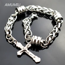 AMUMIU мужская бижутерия 316L из нержавеющей стали подвеска в виде креста с Иисусом веревка ручной цепи мужской браслет для мужчин HB031