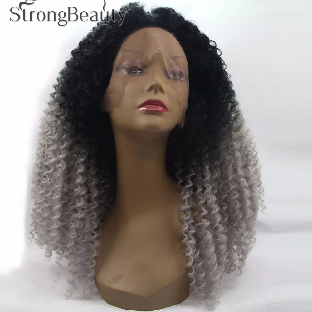 2 Tones Synthetic Lace Front Wig Gray Grey Silver Ombre Hand Tied Curly