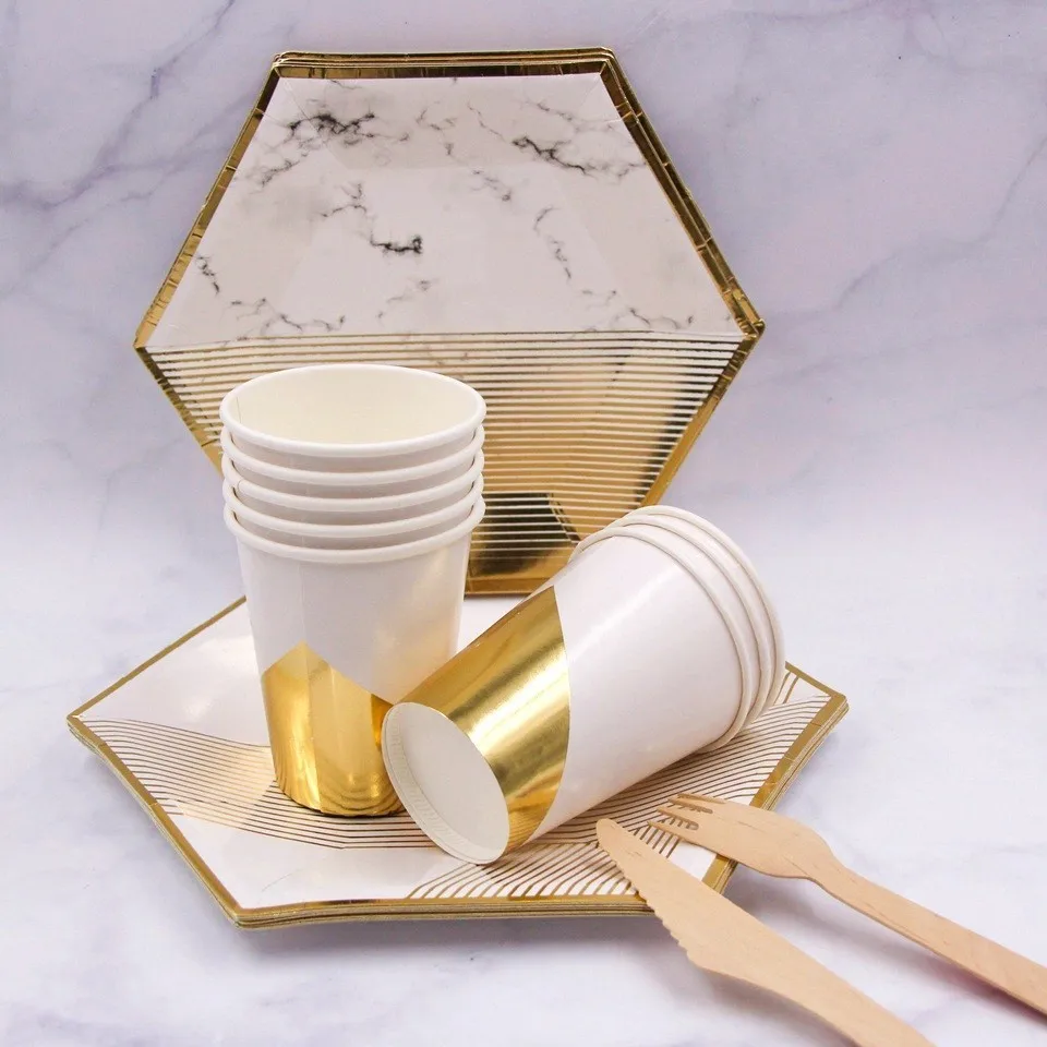 1 Набор, белый золотой мраморный бумажный стаканчик/тарелки/салфетки, одноразовый набор посуды, украшение стола для свадебной вечеринки