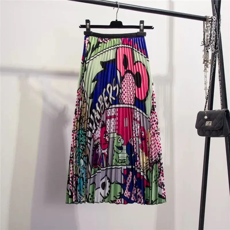 Летняя Европейская Высокая уличная стильная эластичная плиссированная юбка с мультяшным принтом Jupe Femme трапециевидные юбки до середины икры