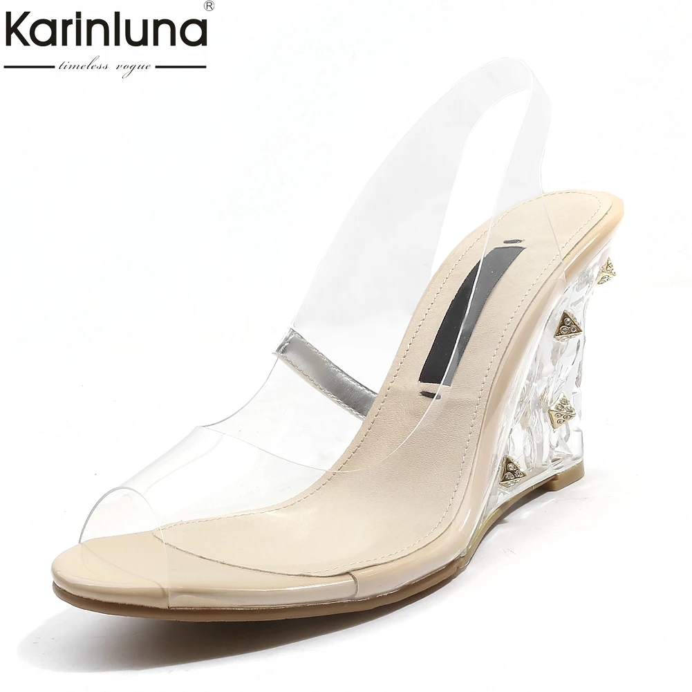

KarinLuna 2018 Best Quality Wedge High Heels Summer Sandals Shoes Woman Fashion Crystals PVC Peep Toe Party women's Shoes