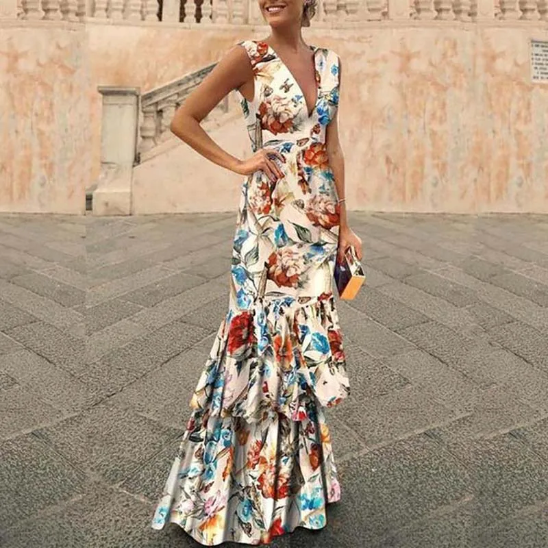 

Sexy Dresses Party Night Club Dress 2019 Floral Print Maxi Dresses for Women Ruffles Summer Trumpet Dresses Sleeveless Vestidos