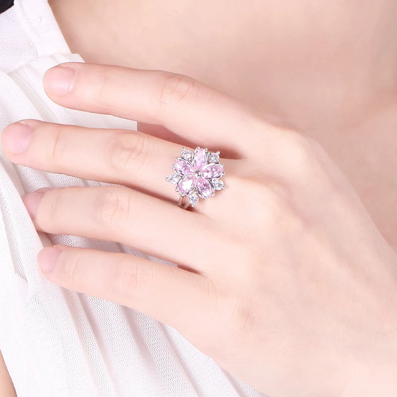 

Newest Romantic Cherry Blossom Zircon Lady Rings Elegant Fashion Sakura Princess Rings for Wedding Engagement Bride Jewelry
