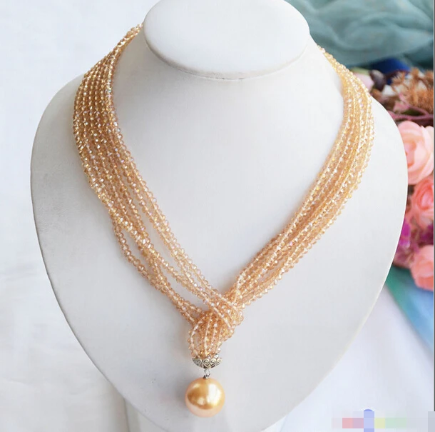 

Free shipping@@@@@ P4584 3row 40" faceted citrine crystal 20mm shell pearl pendant necklace