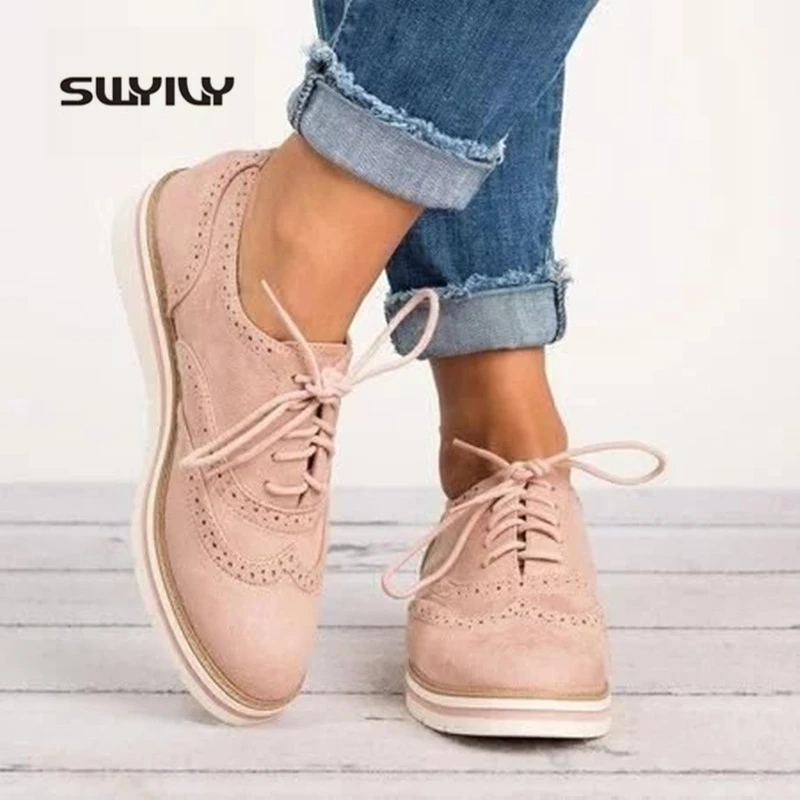 

SWYIVY Women Shoes Flat 2019 New Autumn Black Shoes PU Women Lace Up Casual Shoes Oxford Woman Flats Mocassin Femme Plus Size 43