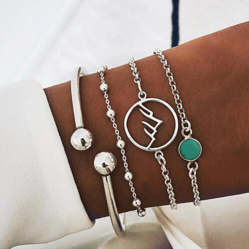 

4 Pcs/set Bohemia Geometry Pattern Circle Hollow Green Crystal Chain Link Bracelets Set For Women Silver Multilayer Cuff Bangle