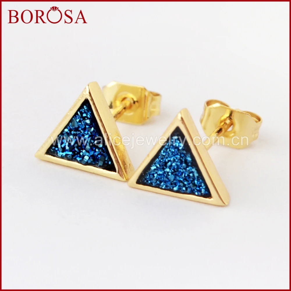 BOROSA 5/10 пар треугольник золотой цвет Радуга титановая Друза серьги гвоздики