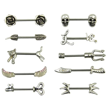 

10 Pairs Stainless Steel Nipple Piercing Rings Body Jewelry Barbells-Sparrow/Cat/Skull/Rose/Key/Arrow 14g Nipplerings Bars