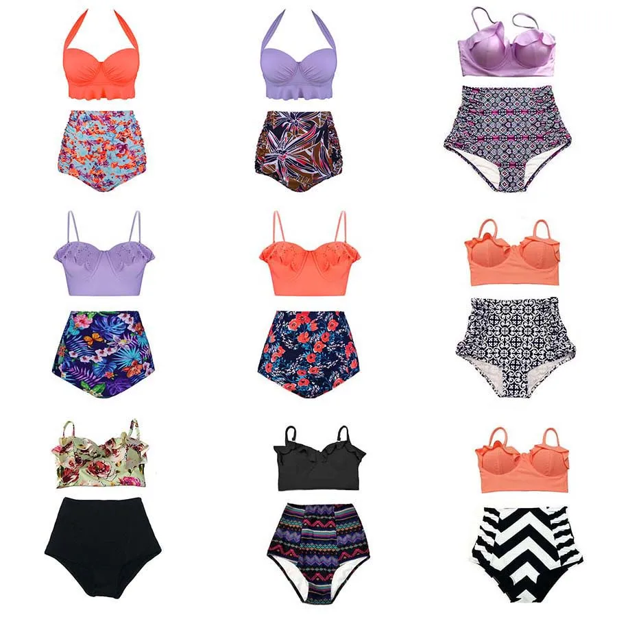 Billig TQSKK 2019 Neue Bikinis Frauen Badeanzug Hohe Taille Badeanzug Plus Size Bademode Push Up Bikini Set Vintage Retro Strand tragen XXL