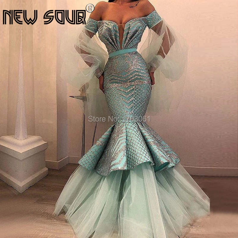 

Saudi Arabic Mint Mermaid Evening Dresses Shiny Long Sleeve Muslim Dubai Formal Party Gown 2019 Robe De Soiree Prom Dress Kaftan