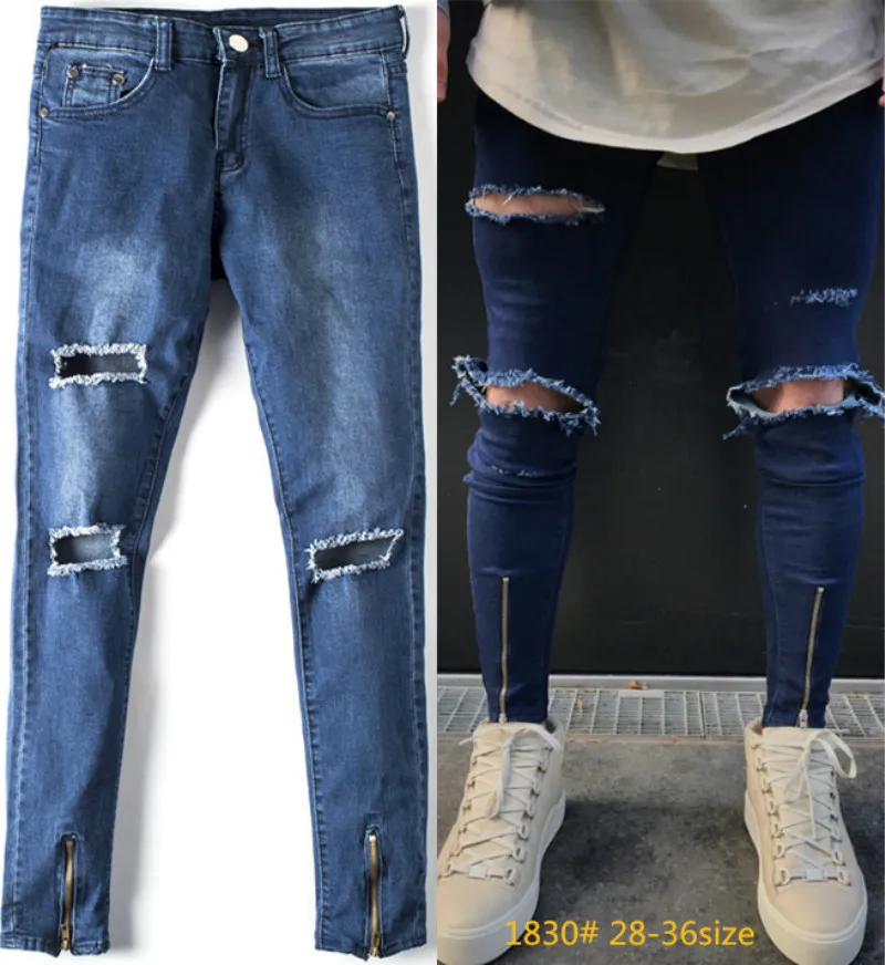2017 New Brand Knee hole Ripped Men's Skinny jeans Fashion Hip Hop Bottom Zipper Stretch Denim Pants biker motorcycle | Мужская
