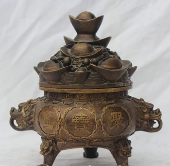 

xd 002649 8" Chinese China Bronze Feng Shui Lion Treasure Bowl Yuanbao Wealth Jar Statue