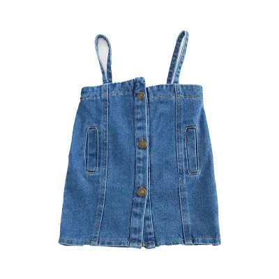 

Summer new girls denim sling strap dress cotton children's denim fashion button dress