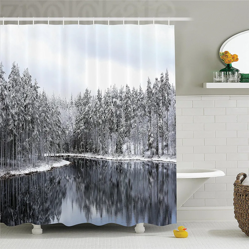 Woodland Decor Shower Curtain Set Lake Surrounded By Snow Covered Trees On A Cold Winter Day In Finland Reflections Bathroom Acc