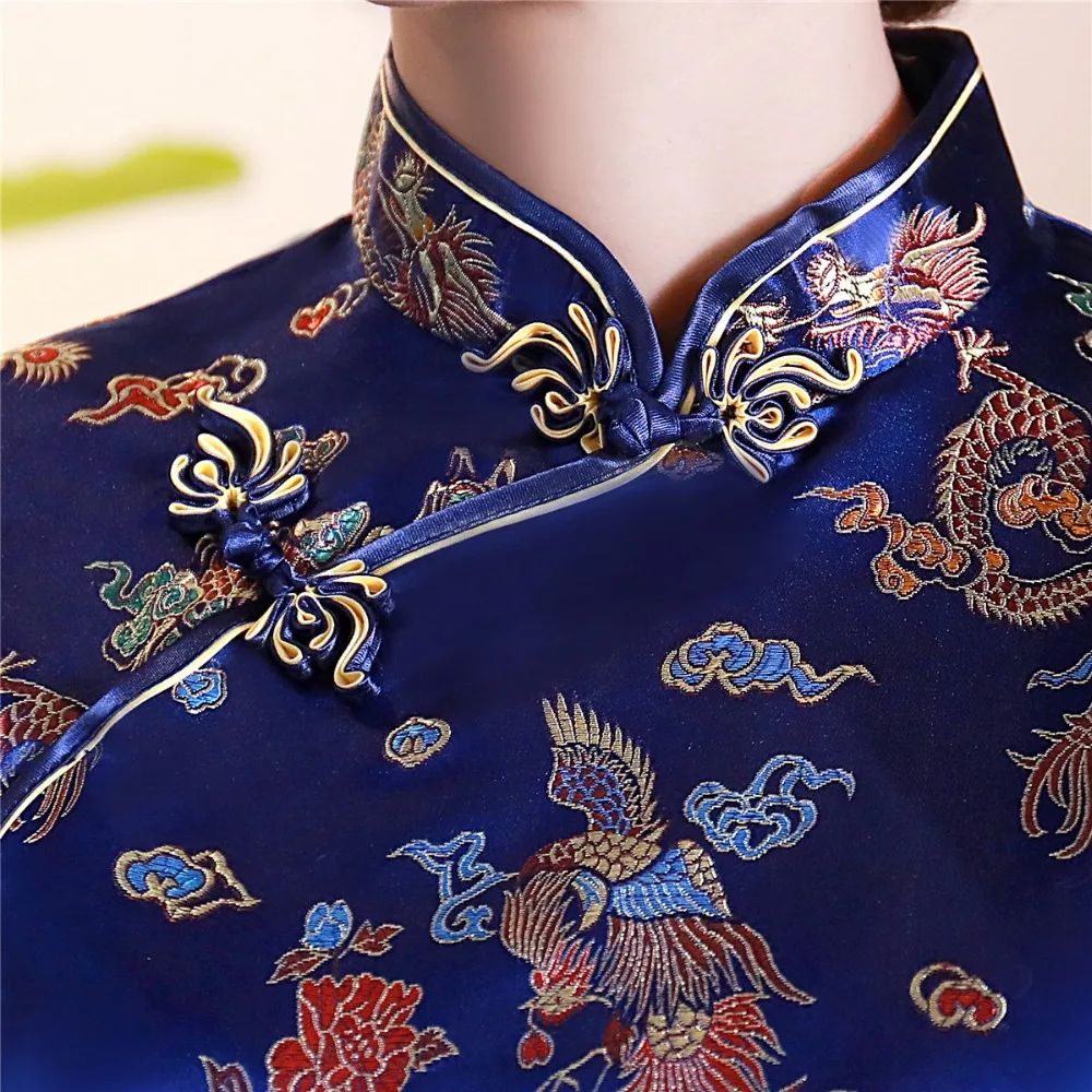 Шанхай история короткие Cheongsam Топ Традиционный китайский искусственный шелк/Атласный топ Дракон и Феникс Вышивка Блузка Топ Qipao рубашка