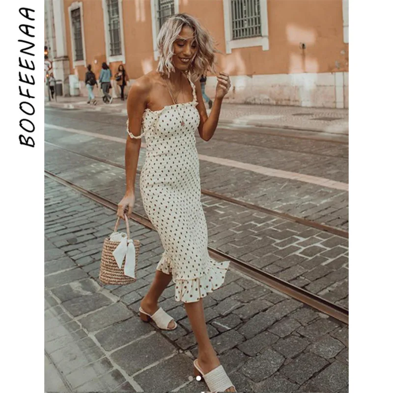 

BOOFEENAA Polka Dot Ruffle Smocked Sleeveless Midi Bodycon Dress Women Summer Clothes Elegant Sexy Vintage Dresses C71-AF01