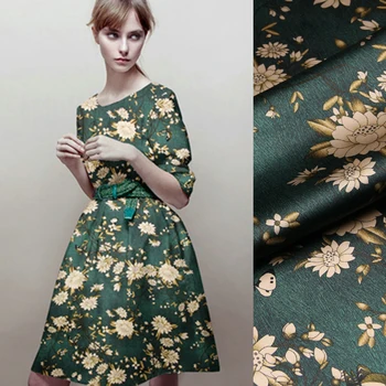 

118CM Wide 19MM 93% Silk & 7% Spandex Lotus Print Stretch Dark Green Silk Satin Fabric for Dress Cheongsam Jacket D1025