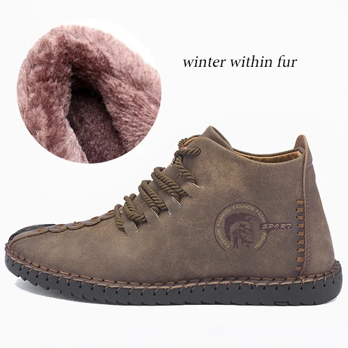 Мужские ботинки из спилка размера плюс; ботильоны ручной работы; уличные мужские зимние ботинки; теплая зимняя обувь; мужские кожаные ботинки - Цвет: Khaki within fur