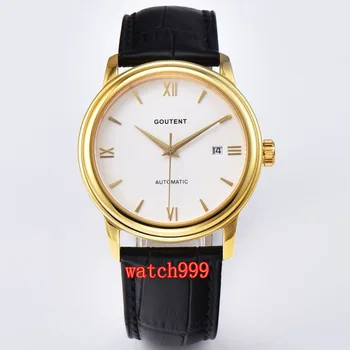 

40mm Leather strap men mechanical watches Goutent Gold date Sapphire crystal Luminous Miyota Automatic Mens Watch