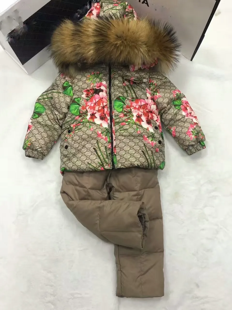 2016 Winter Jacket Girls down coat child down jackets& PANT girl duck down Fur hooded snowsuit coats children Suit set outerwear