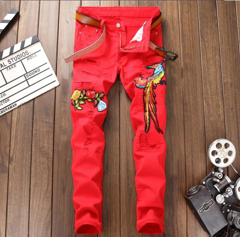 mens red ripped skinny jeans
