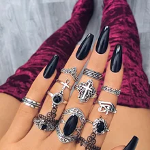 11 Pcs/set Bohemian Retro Gem Geometry Cross Peach Heart Crown Silver Ring Set Lady Charm Jewelry Jewelry Valentine Day Gift valentine s day faux gem peacock shape charm bracelet