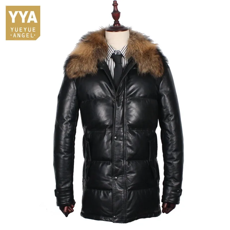 

Top Quality Sheepskin Business Casual Down Coat Men Winter With Raccoon Dog Fur Collar Real Leather Long Duck Down Jacket Black