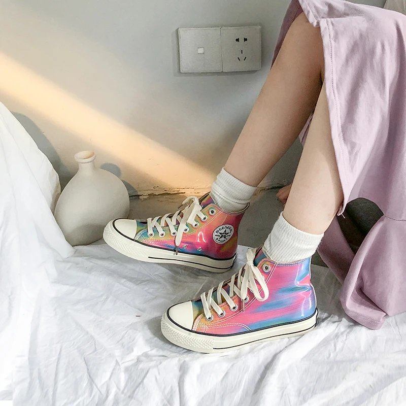 

Fashion Colorful High-top Smooth Upper Shoes 2019 New Arrival Breathable Flat Female Casual Sneakers Ulzang Harahara Cebu Shoes