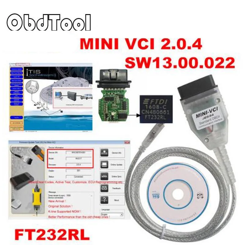 

Newest MINI VCI V2.0.4 Real Firmware Upgraded SW V13.00.022 For Toyota TIS Techstream j2534 K-Line CAN-BUS FT232RL