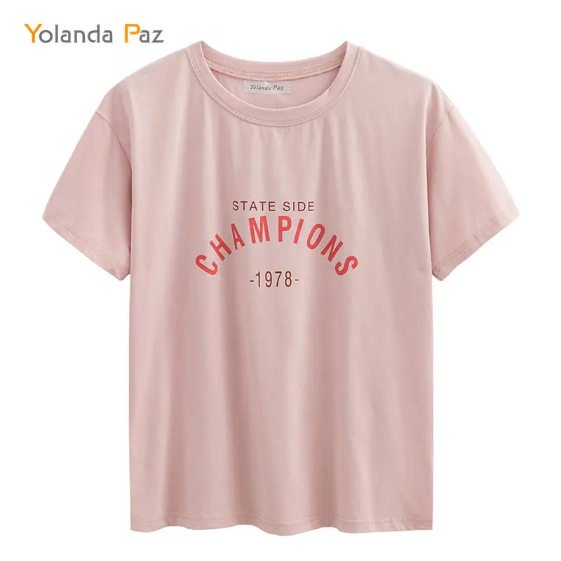 

Yolanda Paz letter Print Pink Tops Summer Short Sleeve O-neck T shirts hot sale Women Fashion high quality cotton T-shirt