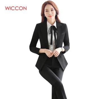 

WICCON Workwear Women's Suit Long Sleeves Black Solid Formal Pants Suit 2020 New Fashion Hot OL Elegant Single Button Pant Suits