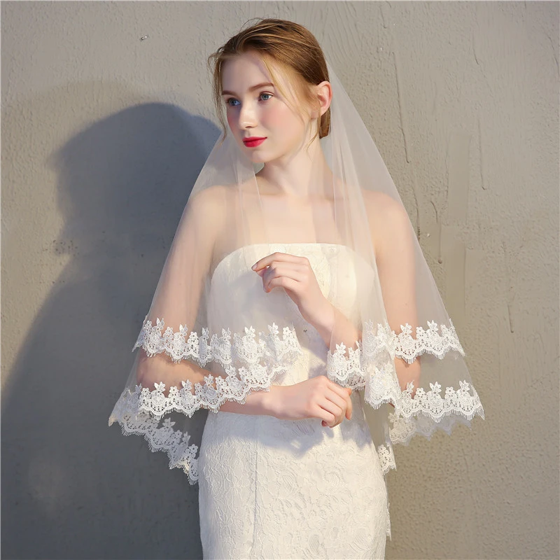 Beautiful 2 Layer White/Ivory Elbow Lace Edge Wedding Bridal Veil With Comb 
