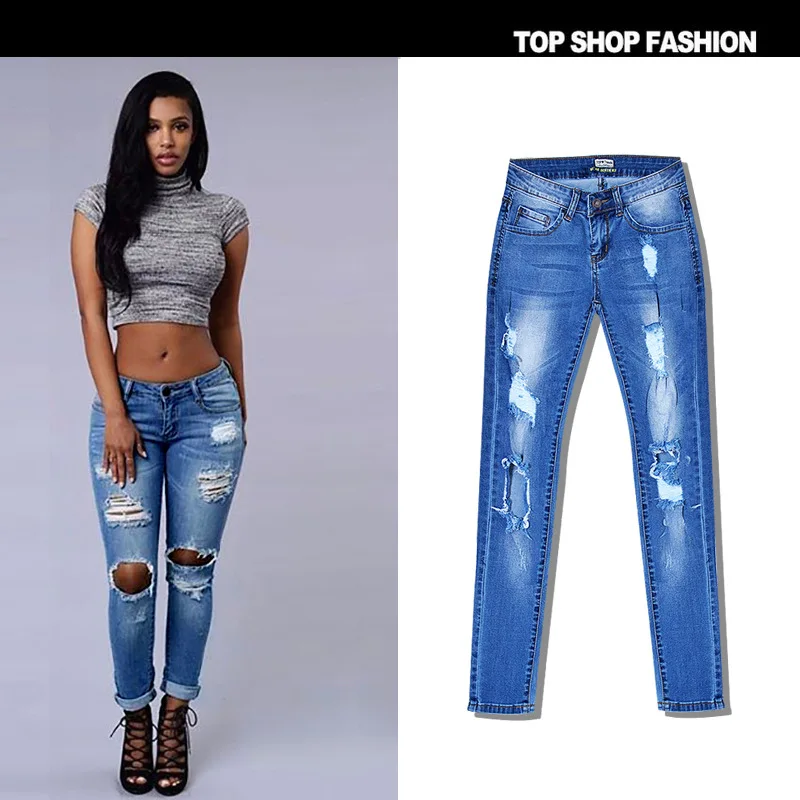 Suvance Fashion Stretchable Low Waist Ripped Holes Spring Cotton Pencil Jeans Qaulity Materials Trousers