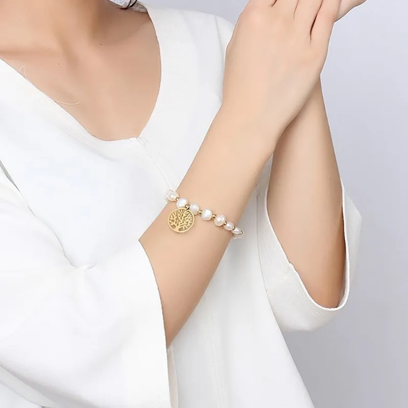 Irregular Freshwater Pearls Bracelet Wishing Tree Pattern Stainless Steel Bracelets & Bangles For Women Party Jewelry
