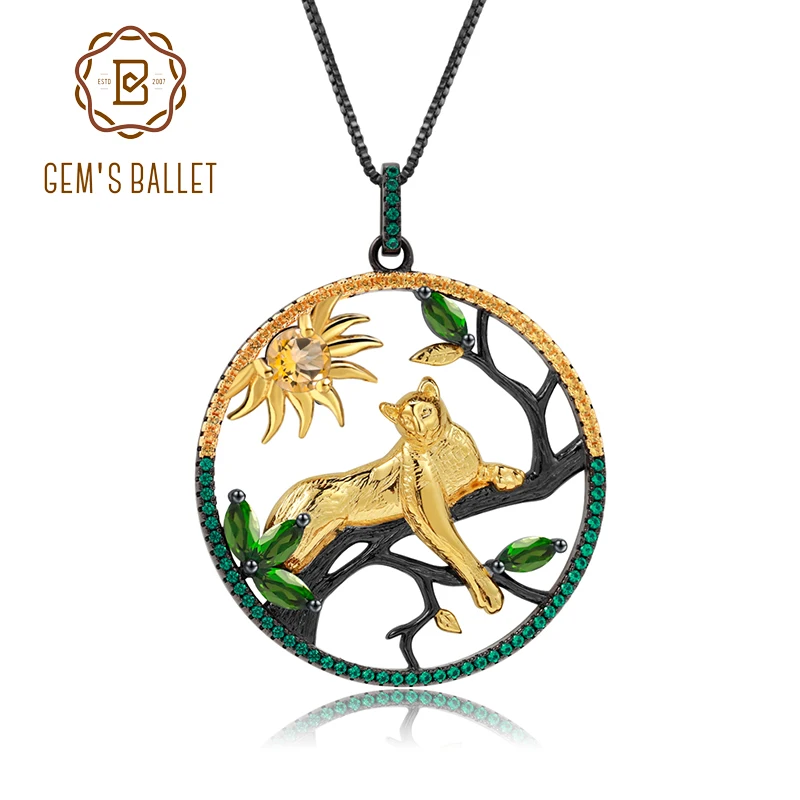 

GEM'S BALLET Natural Citrine Chrome Diopside Jewelry 925 Sterling Silver Handmade Leopard on the Tree Pendant Necklace For Women