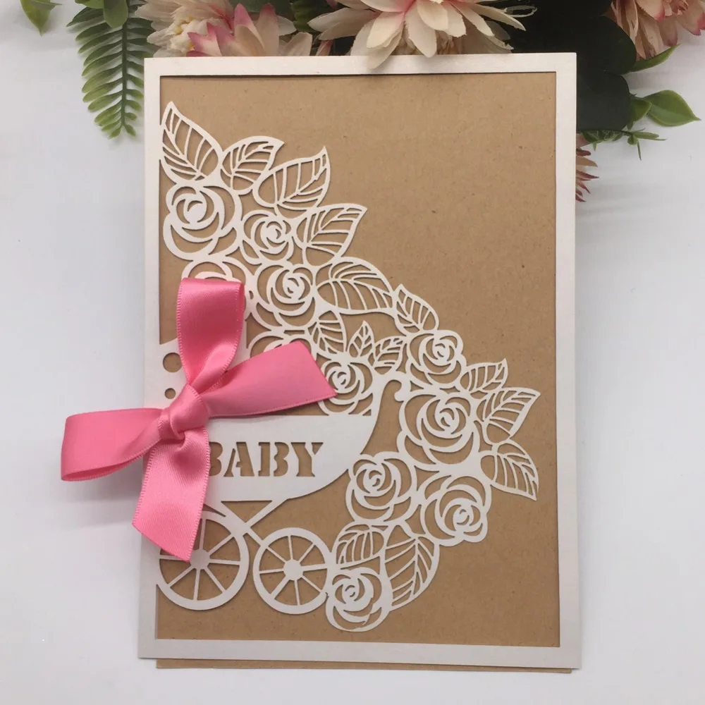 30 шт. лазерная резка Baby Shower Girl День рождения украшение на Пригласительные открытки с розовым бантом Мерцающая Бумага Ремесло поздравительная открытка