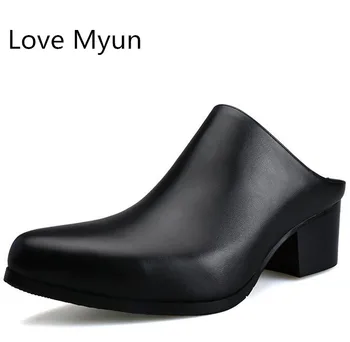 

New pointed toe slip on mens genuine leather slippers 5 CM high heels summer men man fashion slippers shoes white blue black